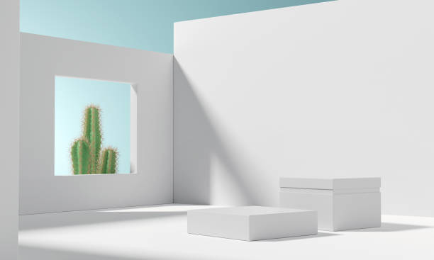 istock Summer tropical background, White Podium with cactus, Mock up for the exhibitions, Presentation of products. 1405936348