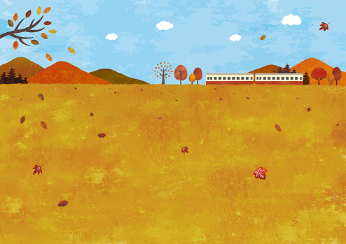 Autumn scenery mountain and train watercolor