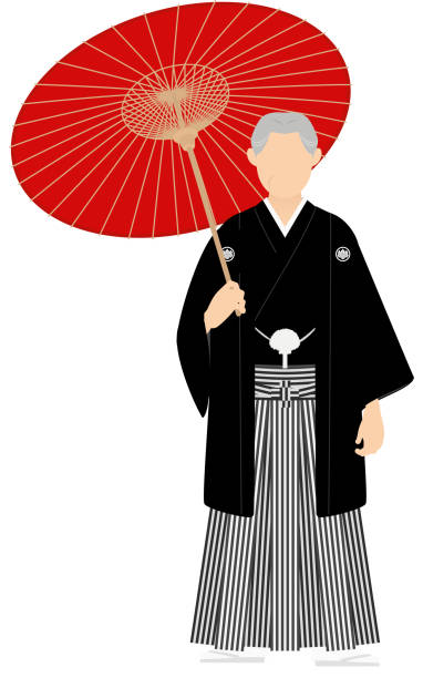 A senior man in kimono, wearing a crested hakama, Posing with an umbrella A senior man in kimono, wearing a crested hakama, Posing with an umbrella black family reunion stock illustrations