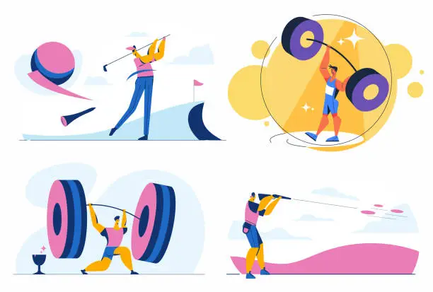 Vector illustration of Sport concept with Young Athlete. Golf, weight lifting, Clay Target shooting sport that competes at the Olympics