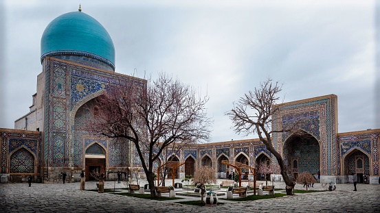March 2022, the courtyard of the Tilya-Kori Madrasah in Samarkand, Uzbekistan