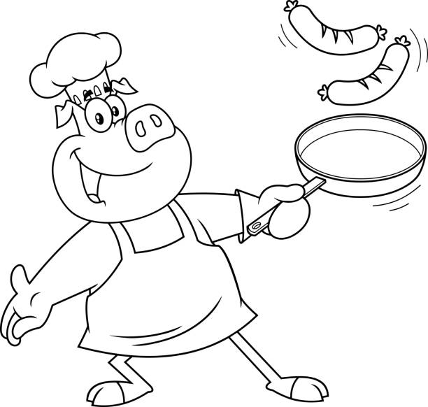 zarys happy chef pig cartoon mascot character holding up a frying pan with fried sausages - 13633 stock illustrations