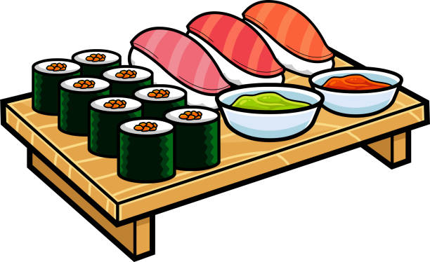 Cartoon Sushi Set Japanese Seafood Over Wooden Sushi Plate Cartoon Sushi Set Japanese Seafood Over Wooden Sushi Plate. Vector Hand Drawn Illustration Isolated On White Background cartoon of the sushi plate stock illustrations