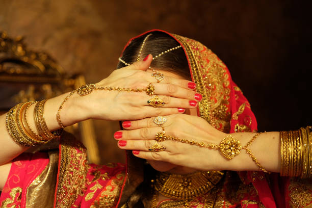 Young hindu woman model kundan jewelry. Indian or Muslim woman covers her face. stock photo