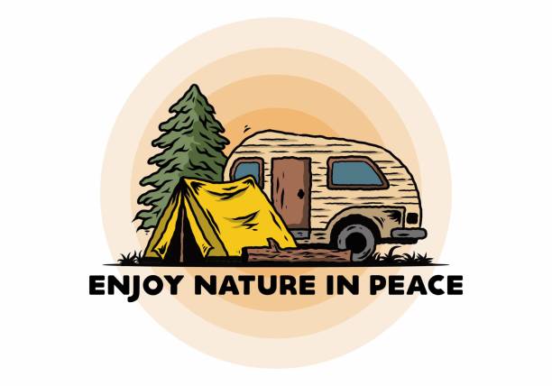 kamper z łezką i namiot przed ilustracją sosny - tear drop camper stock illustrations