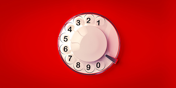 Rotary dialer with red background, retro and vintage, 3d render illustration