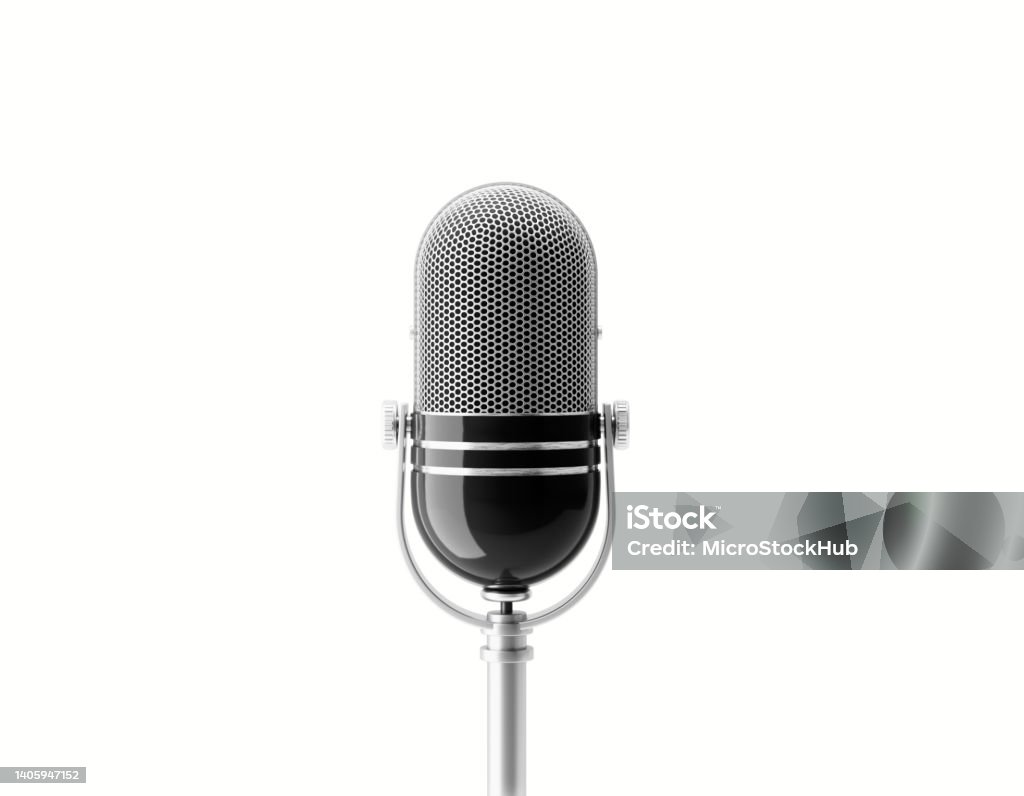 Microphone On White Background Microphone on white background. Horizontal composition with copy space. Clipping path is included. Podcasting Stock Photo