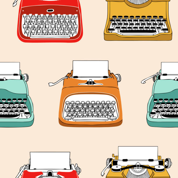 Retro typewriters. Seamless vector pattern with vintage typewriters. Perfect for textile, wallpaper or print design. retro typewriter stock illustrations