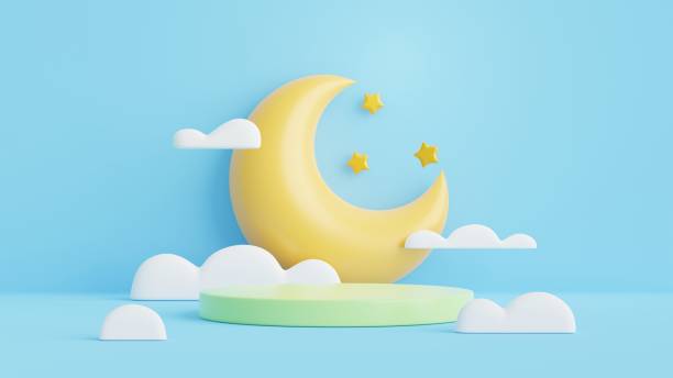 istock 3D Podium, star, clouds and crescent moon on blue background.Abstract minimal scene with copy space.3D Rendering Illustration. 1405949954