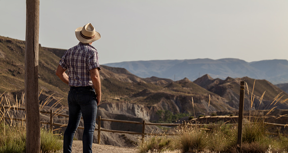 Rear view of adult man in sun hat and shirt in desert. Almeria, Spain