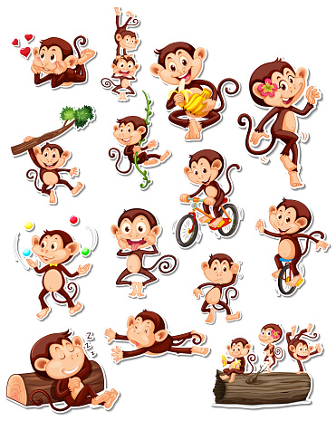 Sticker set of funny monkey cartoon characters illustration