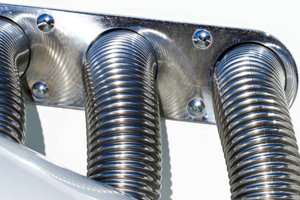 istock Car exhaust manifold. White retro vintage car 1405954002