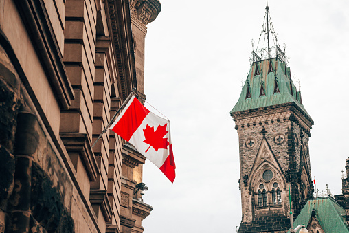 An image of the Canadian flag and Provincial Flags waving in the wind.