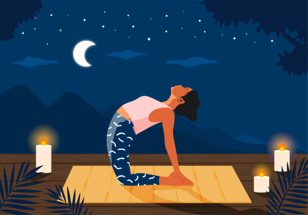 Young woman practices yoga in nature at night Young woman practices yoga in nature at night ustrasana stock illustrations