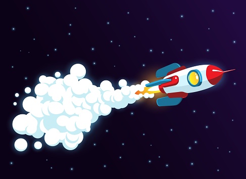Flying rocket with flame and smoke. Rocket with jet trail in space. Vector illustration.