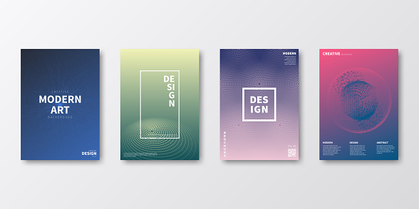 Set of four vertical brochure templates with modern and trendy backgrounds, isolated on blank background. Abstract futuristic illustrations. Geometric designs with beautiful color gradients (colors used: Red, Purple, Pink, Orange, Green, Gray, Brown, Blue, Black, Beige, Yellow). Can be used for different designs, such as brochure, cover design, magazine, business annual report, flyer, leaflet, presentations... Template for your own design, with space for your text. The layers are named to facilitate your customization. Vector Illustration (EPS10, well layered and grouped), wide format (2:1). Easy to edit, manipulate, resize and colorize.