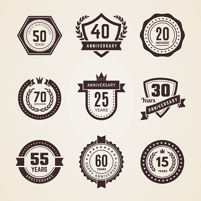 Anniversary badges. Celebration dates numbers emblems in vintage style recent vector anniversary templates. Illustration of celebration birthday badge jubilee