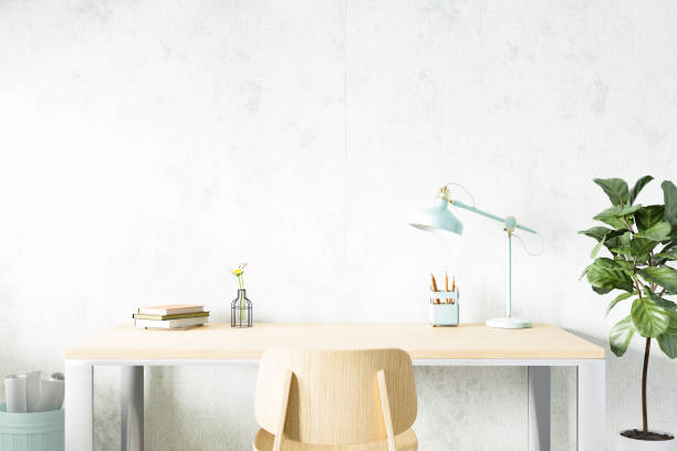 istock Workspace home office desk supplies on office workplace. 3D rendering. 1405959415