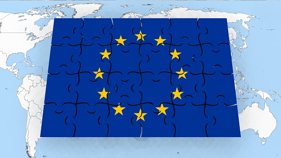 Europe flag on world map - Puzzle Flag - 3D Render