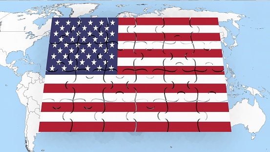 Flag of the United States - Flag of the USA - Flag of America on world map - Puzzle Flag - 3D Render