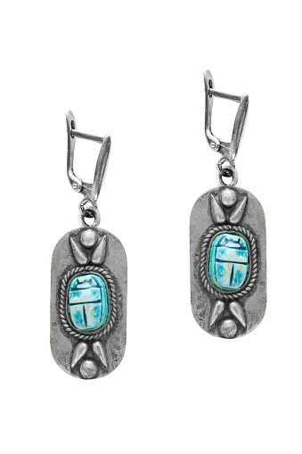 Vintage silver turquoise earrings isolated on white background