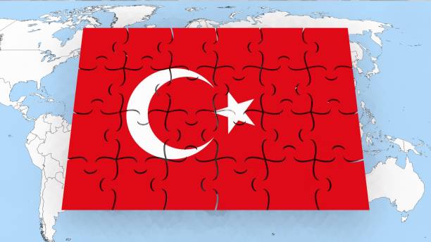 Turkey flag on world map - Puzzle Flag - 3D Render