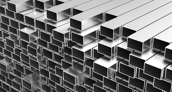 Aluminium or steel profiles background. Stack of alumunium or steel profiles. 3D illustration