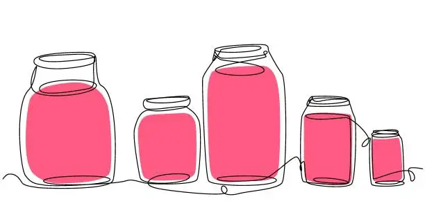 Vector illustration of Jars with raspberry liquid in one line on a white background. Concept with drinks, jam, juice, conserve, potion, medicine. Stock vector image.