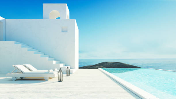 istock Luxury beach sea view hotel and resort - santorini style - 3D rendering 1405967233