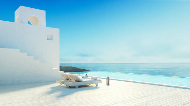 hotel e resort di lusso vista mare sulla spiaggia - stile santorini - rendering 3d - santorini greece villa beach foto e immagini stock