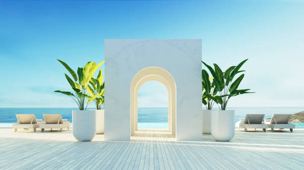 istock Luxury beach sea view hotel and resort - santorini style - 3D rendering 1405967252