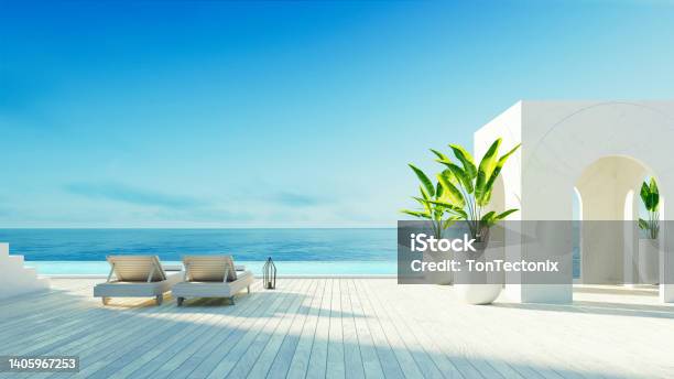 Luxury Beach Sea View Hotel And Resort Santorini Style 3d Rendering Stock Photo - Download Image Now