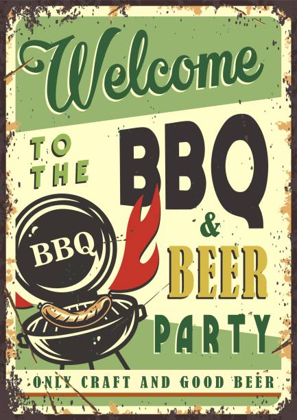 retro-poster mit grillmaschine und bbq-wurst - barbecue chicken stock-grafiken, -clipart, -cartoons und -symbole