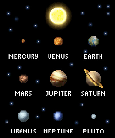 The Solar system planets in a retro 8 bit arcade video game pixel art style.