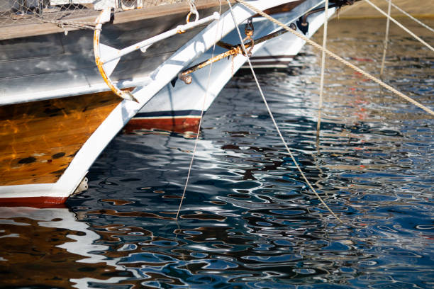 Modern ships, yachts in the sea stern close-up. High quality photo