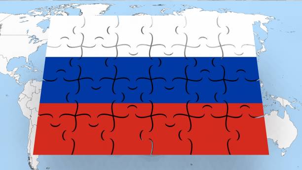 istock Russia flag on world map - Puzzle Flag - 3D Render 1405972172