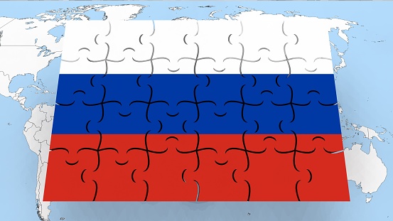 Russia flag on world map - Puzzle Flag - 3D Render