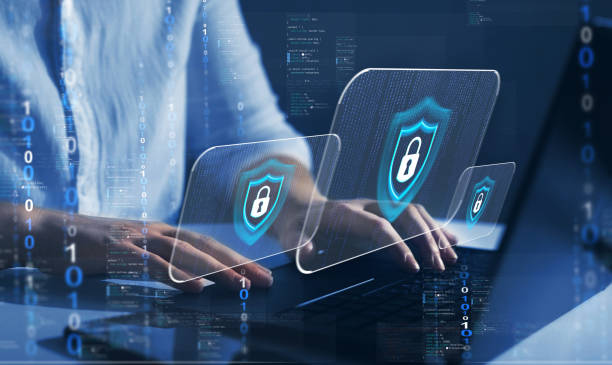 istock Businesswoman protecting herself from cyber attacks. Cyber security firewall interface protection concept. Personal data security and banking. 1405972370