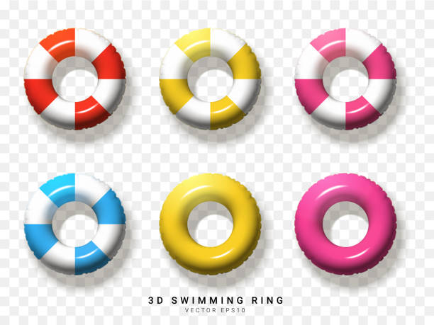 빨간색, 노란색, 분홍색, 파란색, 흰색, 투명한 배경에 3d 수영 링 요소. 벡터 일러스트 레이 션 - inflatable ring 이미지 stock illustrations