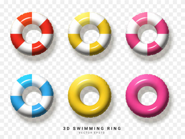 ilustrações de stock, clip art, desenhos animados e ícones de red, yellow, pink, blue, white, of 3d swimming ring element on transparent background. vector illustration - swim ring