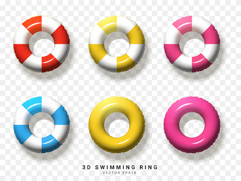 red, yellow, pink, blue, white, of 3D swimming ring element on transparent background. Vector illustration