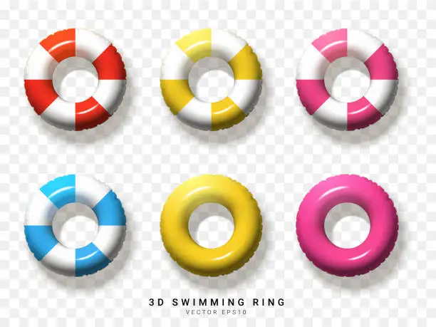 Vector illustration of red, yellow, pink, blue, white, of 3D swimming ring element on transparent background. Vector illustration