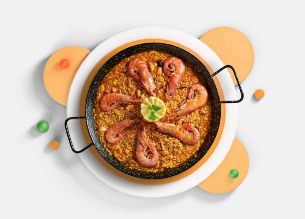 istock Seafood paella on abstract background, top view 1405973766