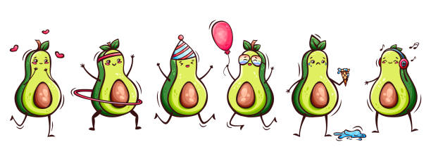 istock Hand drawn icon set of cute kawaii avocados in doodle style. 1405975000