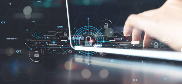 istock Network security, personal data privacy protection , digital crime concept. Person working on laptop computer with padlock icon and internet technology networking 1405977130