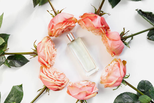 istock Perfume jar in frame made of pink peony roses on white background 1405979303