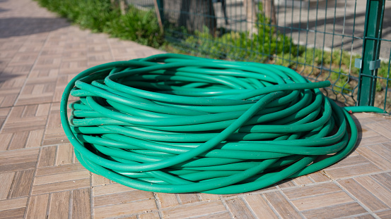 Coiled garden hose lies on ground. Watering hose for vegetable garden concept