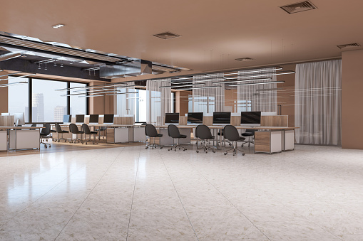 Modern spacious hardwood and concrete coworking office interior with windows and city view, wooden parquet flooring, furniture and equipment. Workplace concept. 3D Rendering
