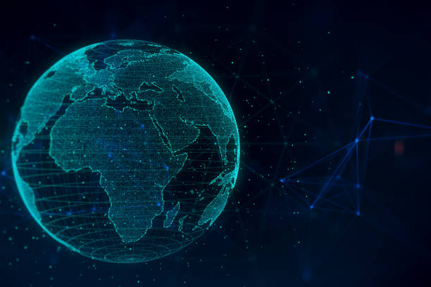 istock Creative glowing polygonal grid planet on dark texture. Globe, international map, communication, network earth and technology concept. 3D Rendering. 1405983038