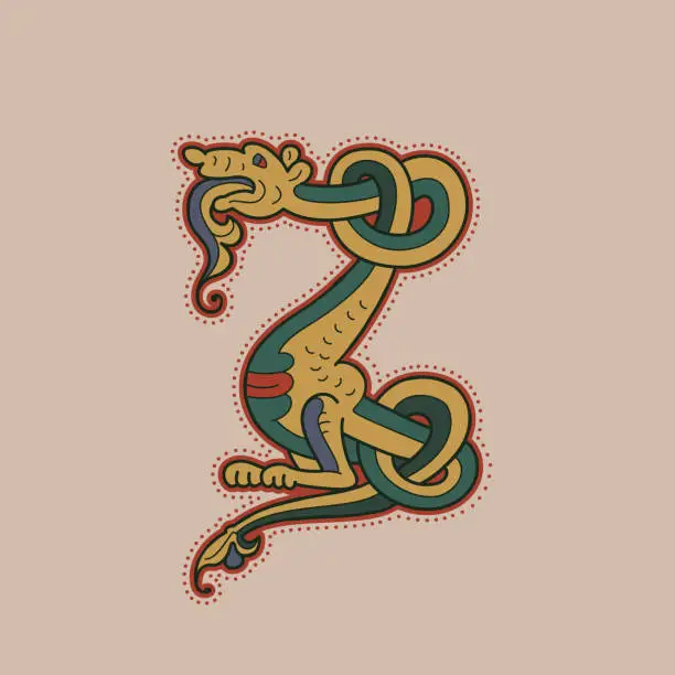 Vector illustration of Medieval initial Z letter logo made of twisted beast and spiral pattern.